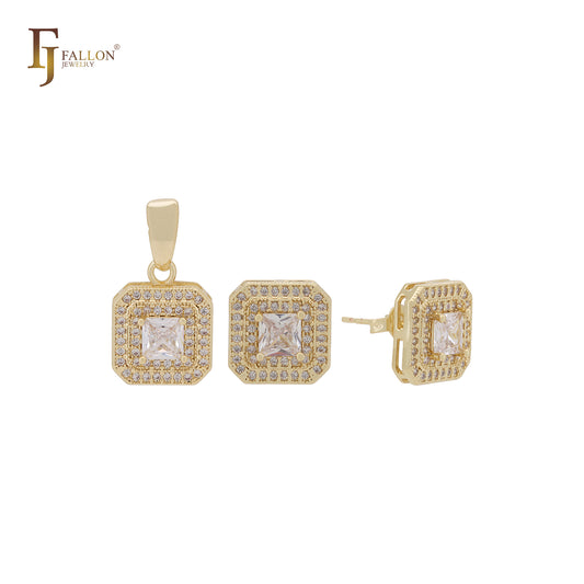 Conjunto de joyas de oro de 14 quilates con circonitas blancas cuadradas y doble halo con colgante