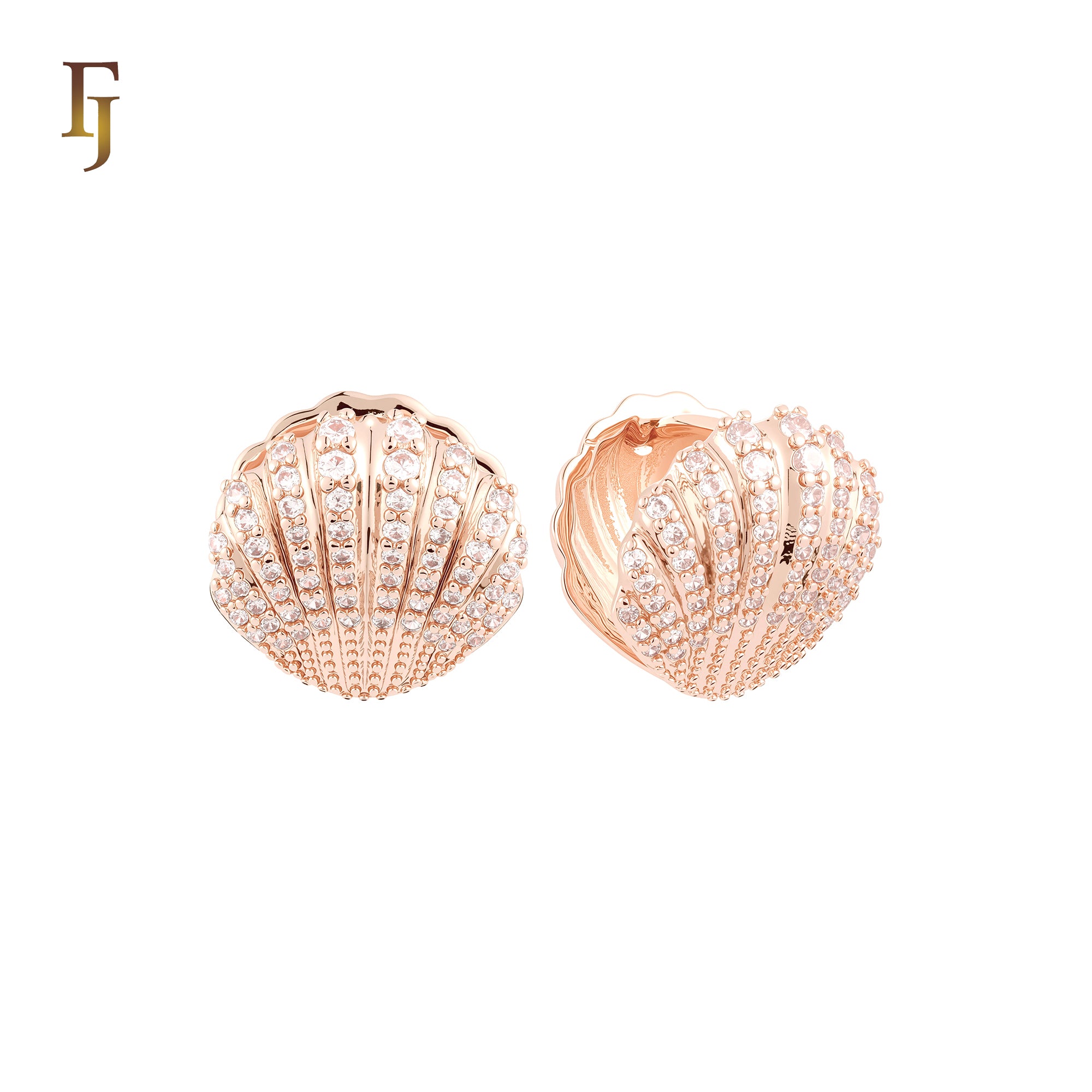 Luxurious Shell of white CZs 14K Gold, Rose Gold Huggie Earrings