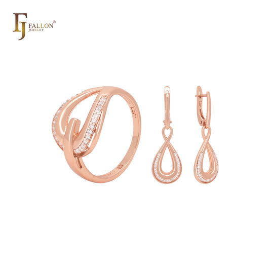 Conjunto de joyas geométricas de oro rosa con circonitas blancas en forma de lágrima y anillos
