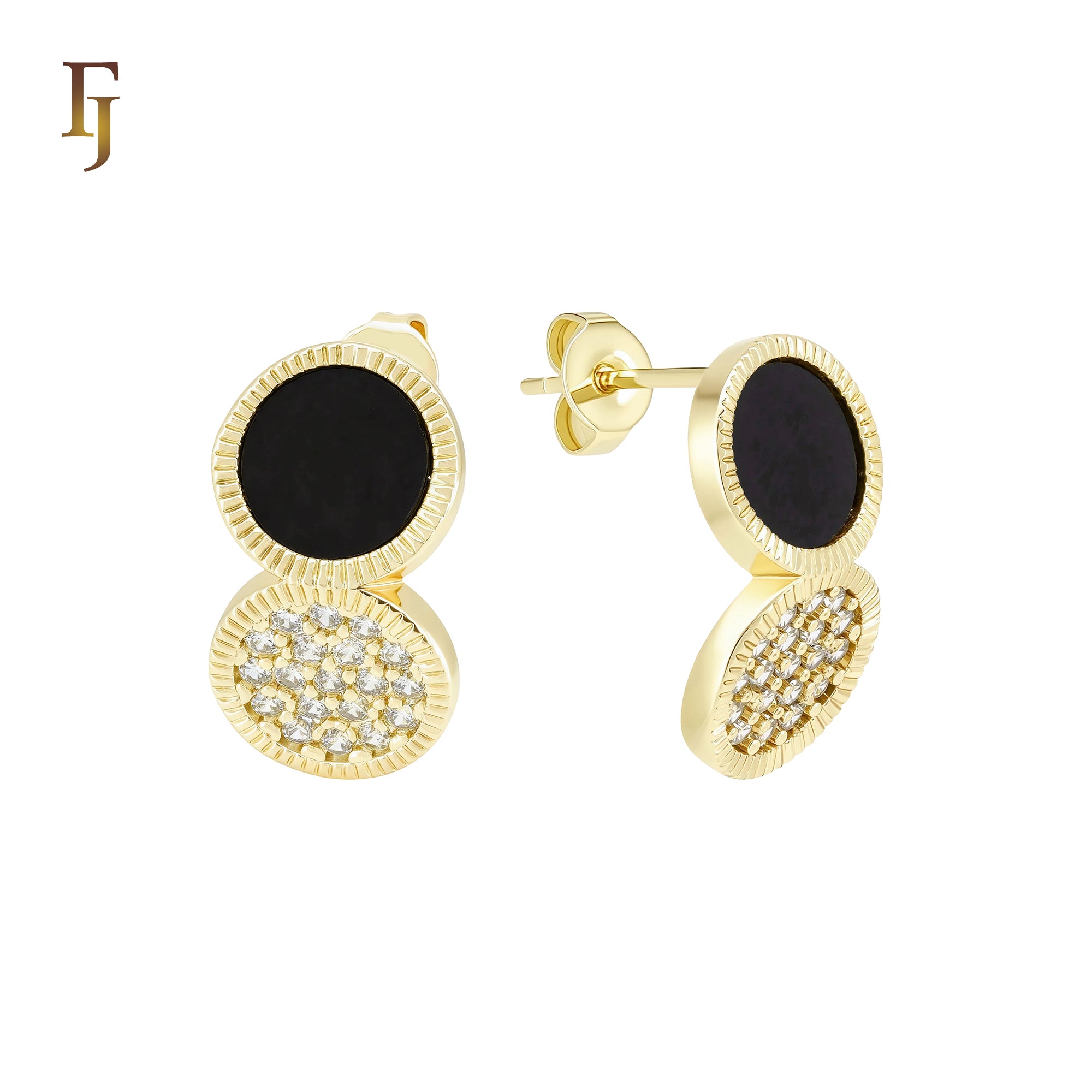Rounded double disc of white or black onyx and white CZs cluster 14K Gold, Rose Gold Stud Earrings