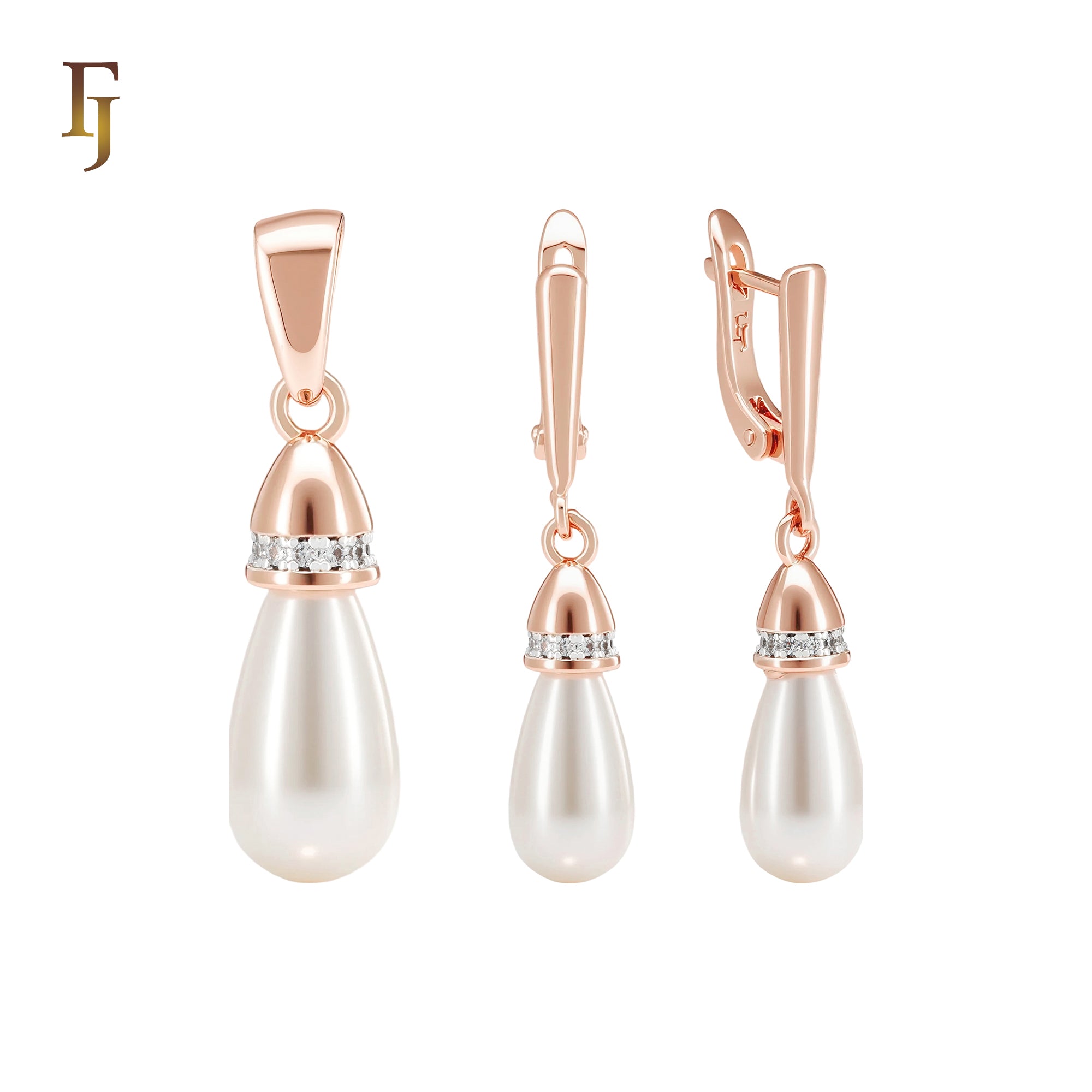 Baroque shaped pearl drop Rose Gold two tone Jewelry Set with Pendant