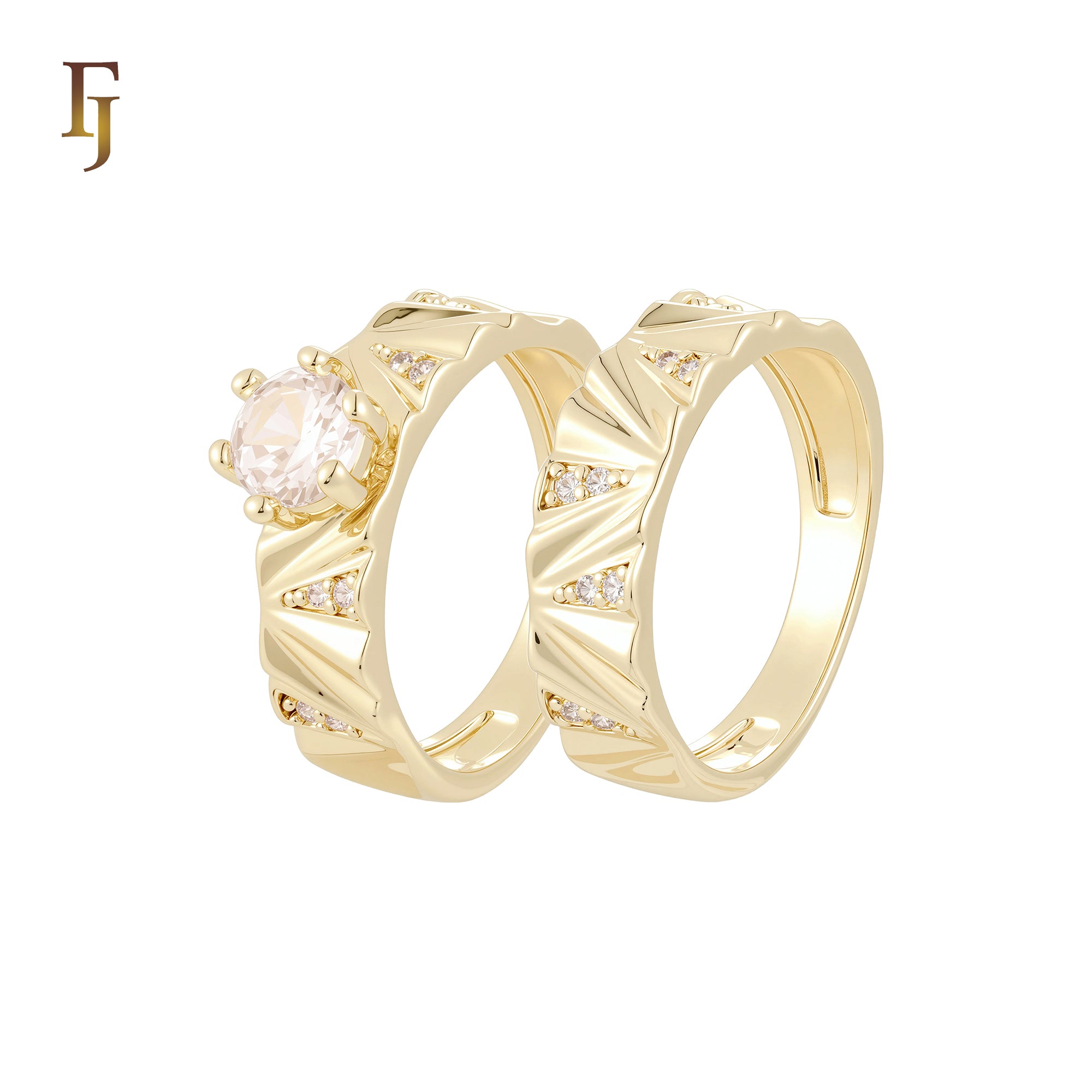 Solitaire white CZs Ribbon bands of double white CZs 14K Gold, Rose Gold Wedding Set Rings