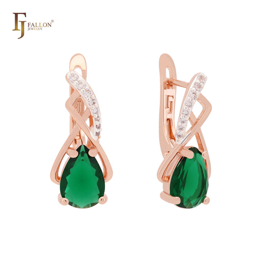 Pendientes de clip en oro rosa de dos tonos con circonitas escarlatas y forma de pera con garras cruzadas