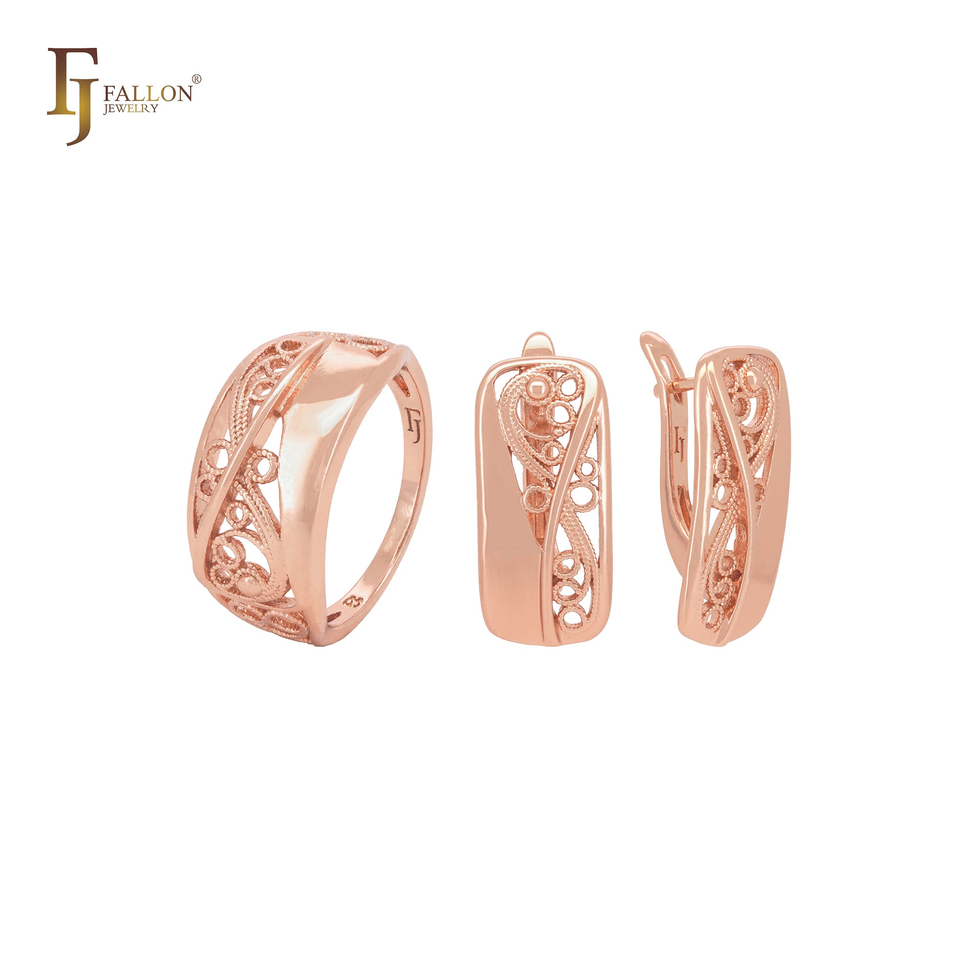 Conjunto de joyería de moda en oro rosa con media filigrana cruzada y anillos