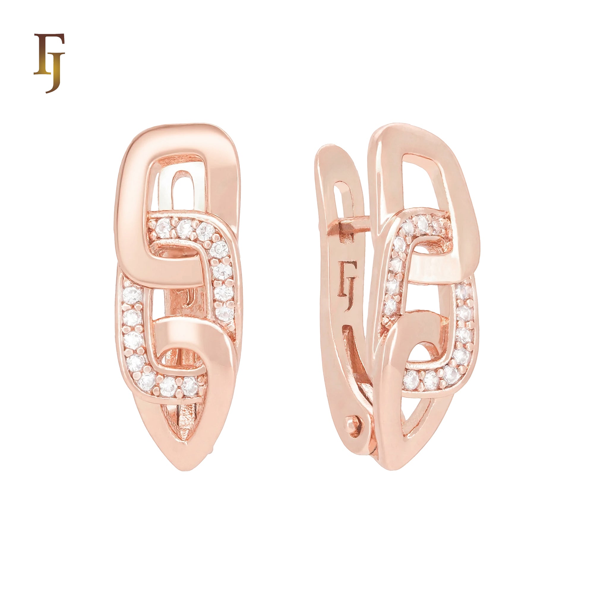 Buckle linked white CZs Rose Gold Russian Lock Earrings