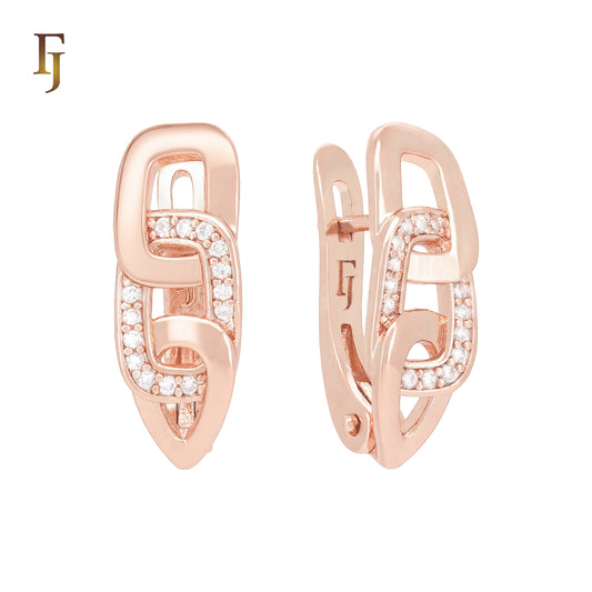 Buckle linked white CZs Rose Gold Russian Lock Earrings