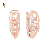 Buckle linked white CZs Rose Gold Russian Lock Earrings