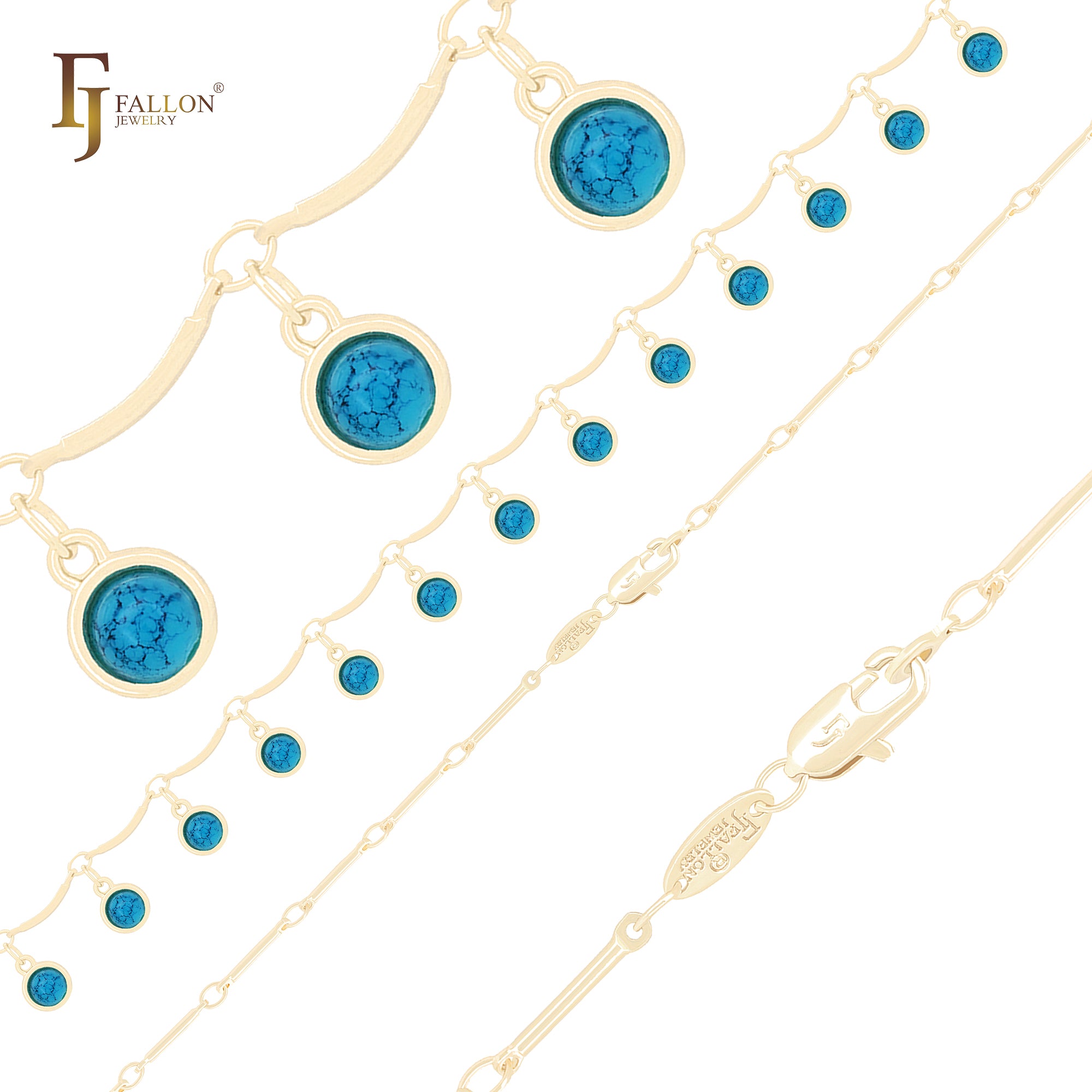 Pulsera tobillera de cadena de oro de 14 quilates con eslabones de lujo y colgante de turquesa