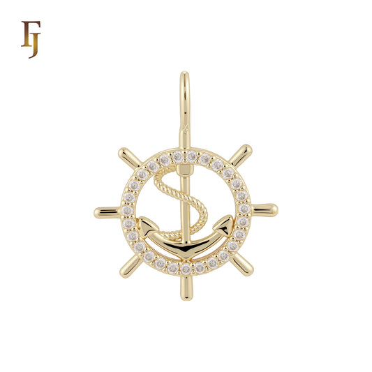 Rudder and Anchor halo white CZs 14K Gold Pendant