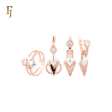 Round and Rhombus solitaire White CZ Rose Gold two tone Jewelry Set with Rings and Pendant