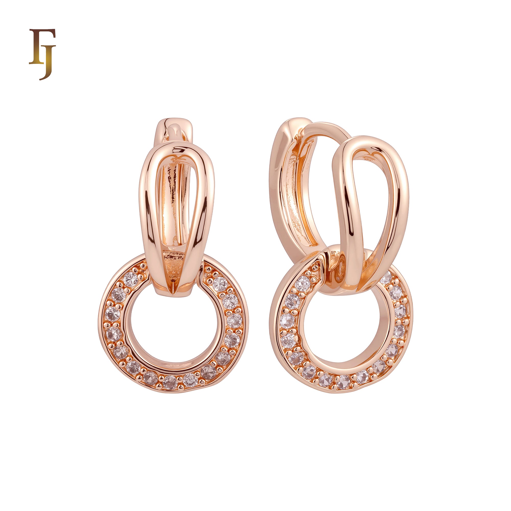 Rounded circle drop white CZs Rose Gold Huggie Earrings