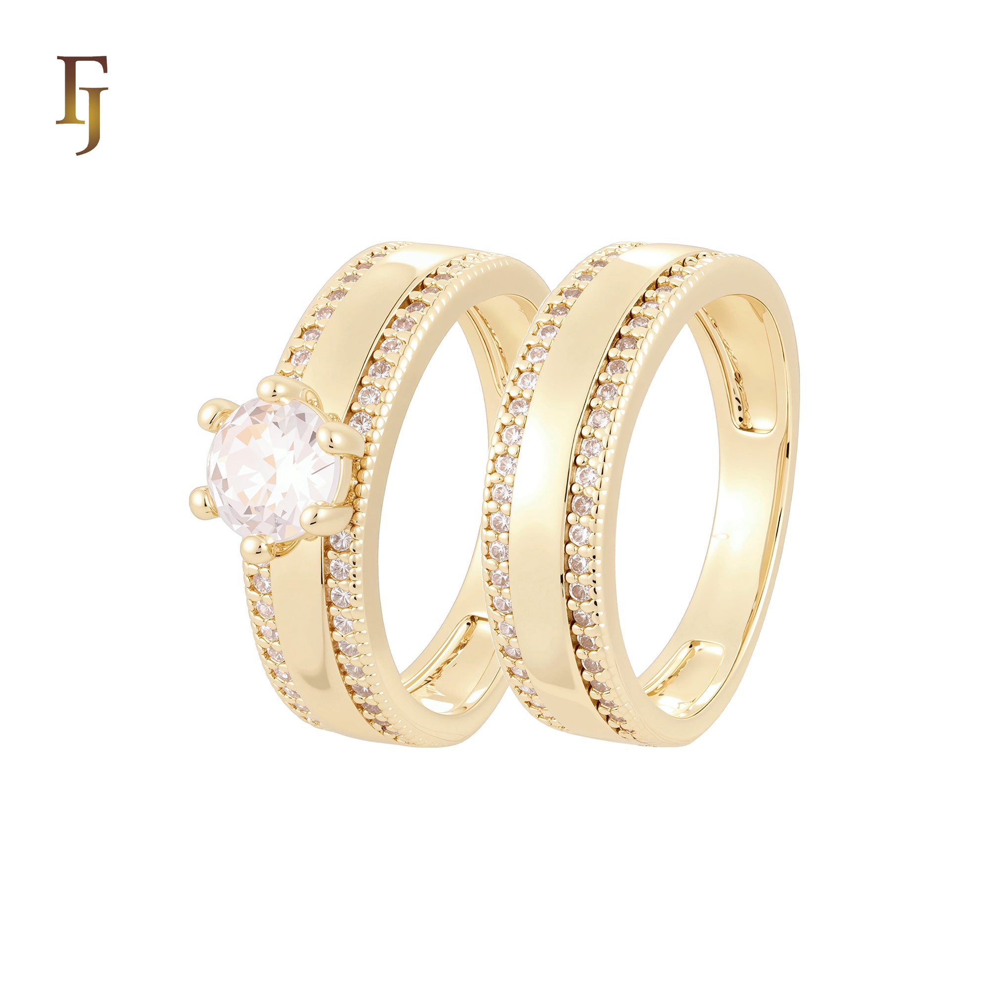 Flank double paved white CZs 14K Gold Wedding Set Rings Engagement and Band