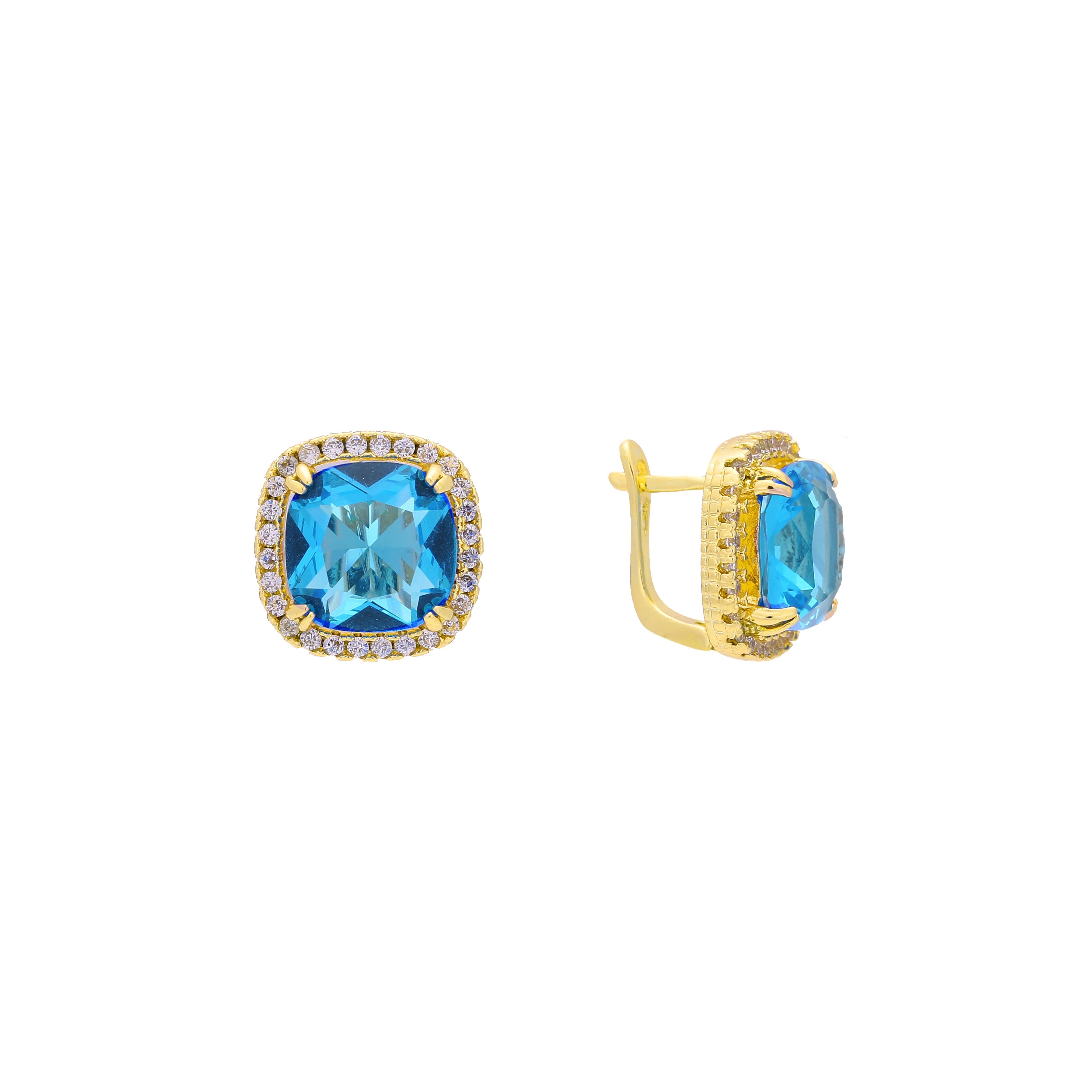 Pendientes Halo Solitaire de piedra grande en colores con baño de oro de 14 quilates, oro de 18 quilates y oro rosa.