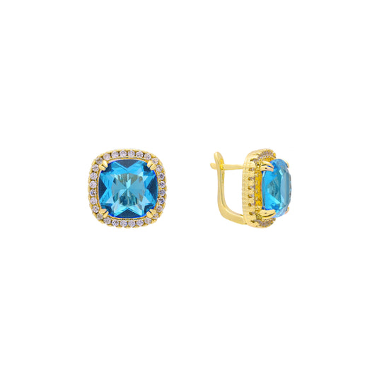 Pendientes Halo Solitaire de piedra grande en colores con baño de oro de 14 quilates, oro de 18 quilates y oro rosa.