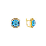 Pendientes Halo Solitaire de piedra grande en colores con baño de oro de 14 quilates, oro de 18 quilates y oro rosa.