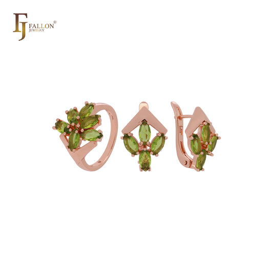 Conjunto de joyas de oro rosa con circonitas cúbicas en verde oliva floreciente y anillos