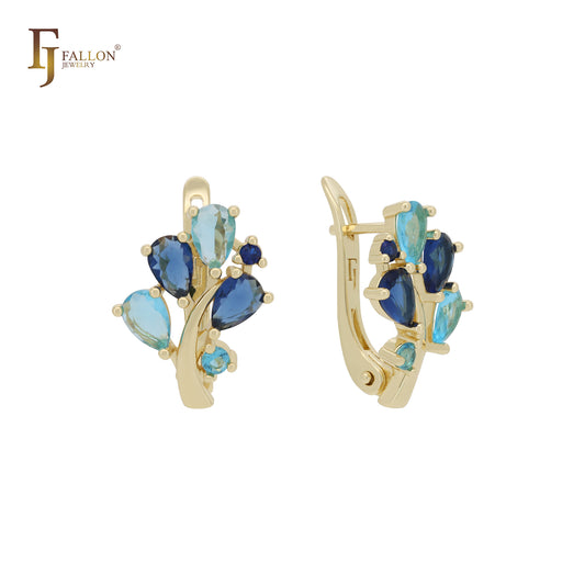 Blooming leaves on a tree of branches cluster CZs 14K Gold Russian Lock earrings