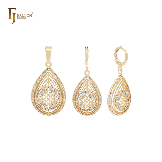 Conjunto de joyas de oro de 14 quilates con filigrana de circonitas blancas en forma de pera y colgante