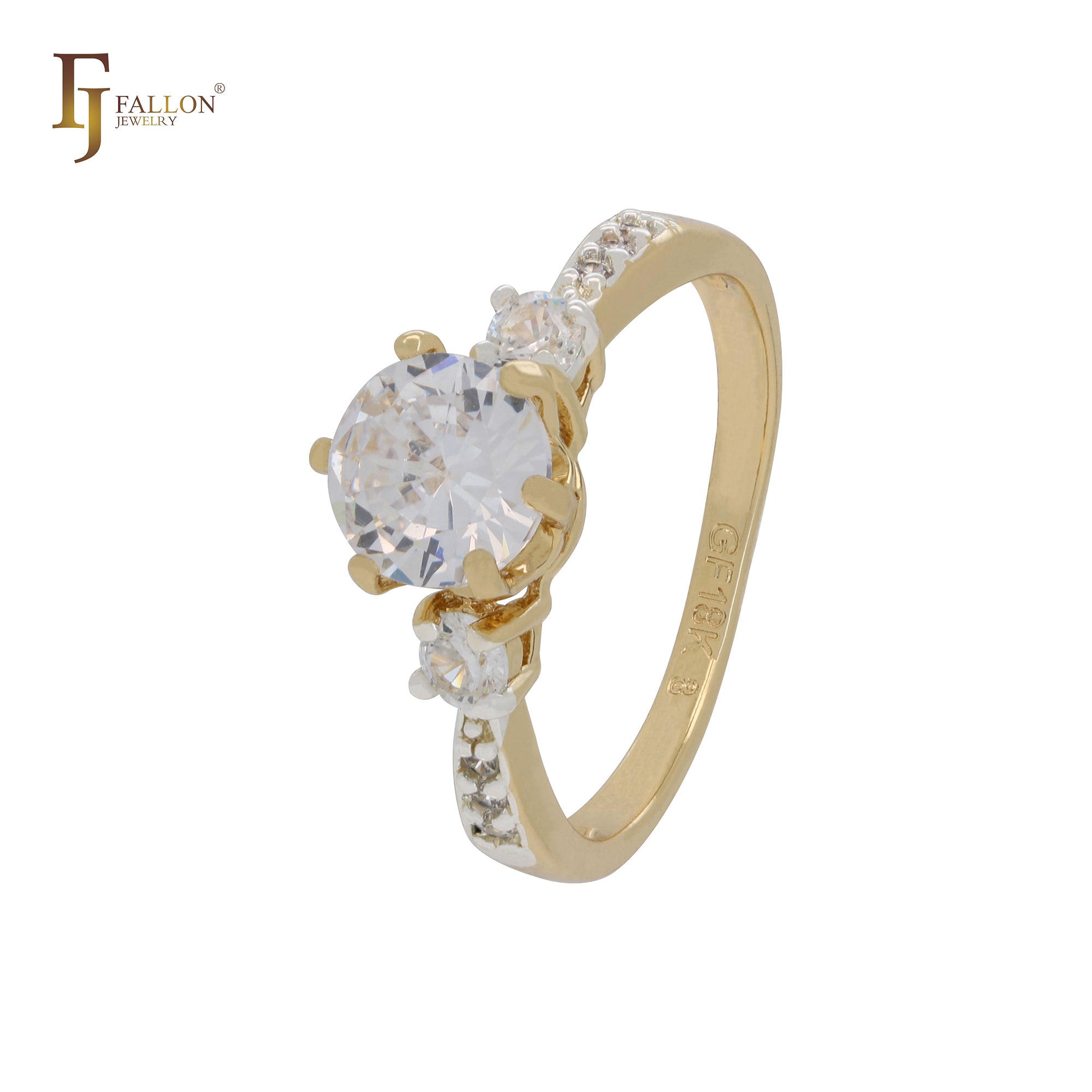 Anillos de compromiso de oro de 14 quilates en dos tonos con solitarios de circonitas blancas y lados de circonitas.