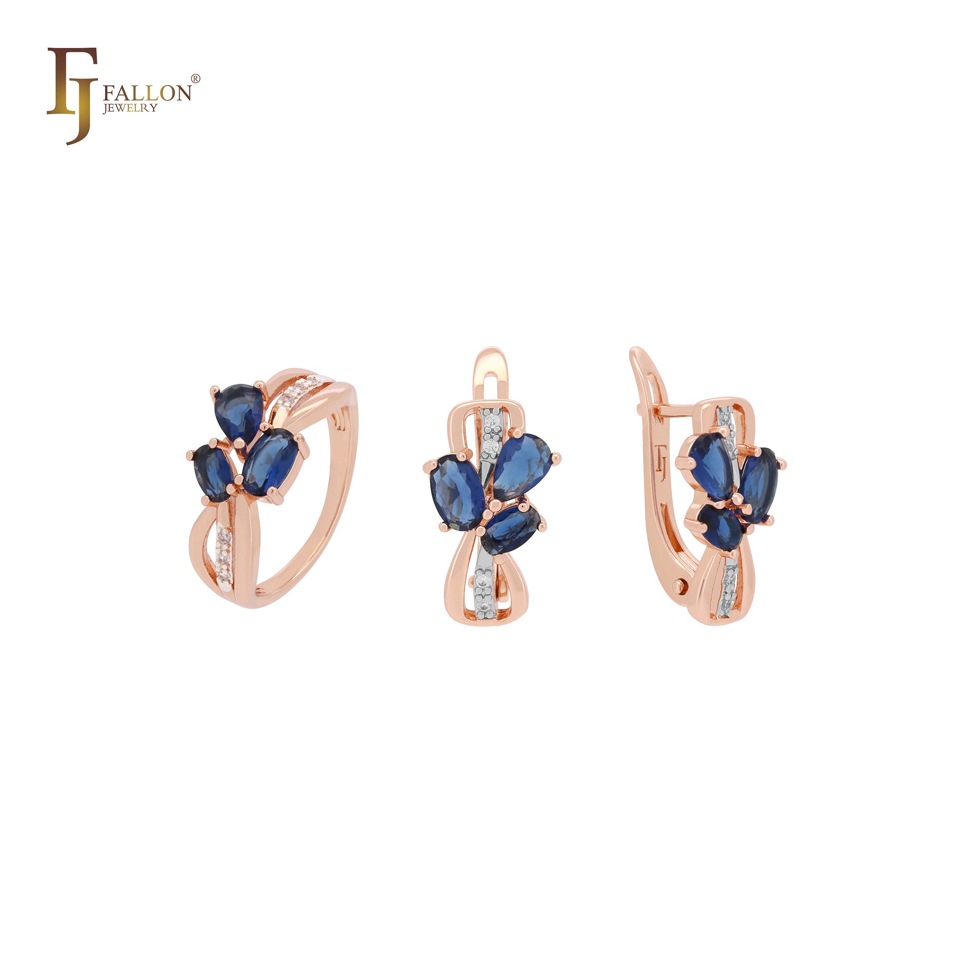 Conjunto de joyas de oro rosa en dos tonos con triple racimo de circonitas cúbicas ovaladas de color azul profundo y anillos