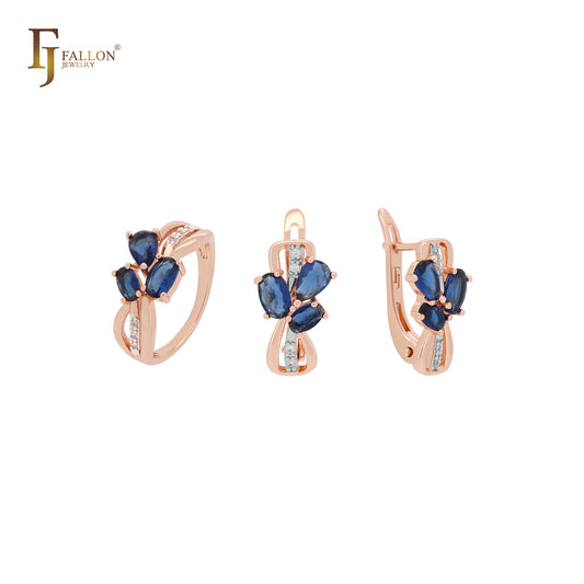 Conjunto de joyas de oro rosa en dos tonos con triple racimo de circonitas cúbicas ovaladas de color azul profundo y anillos