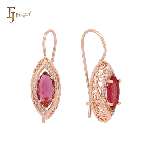 Lujosos pendientes de gancho de alambre de oro rosa con circonitas cúbicas y filigrana roja de talla marquesa