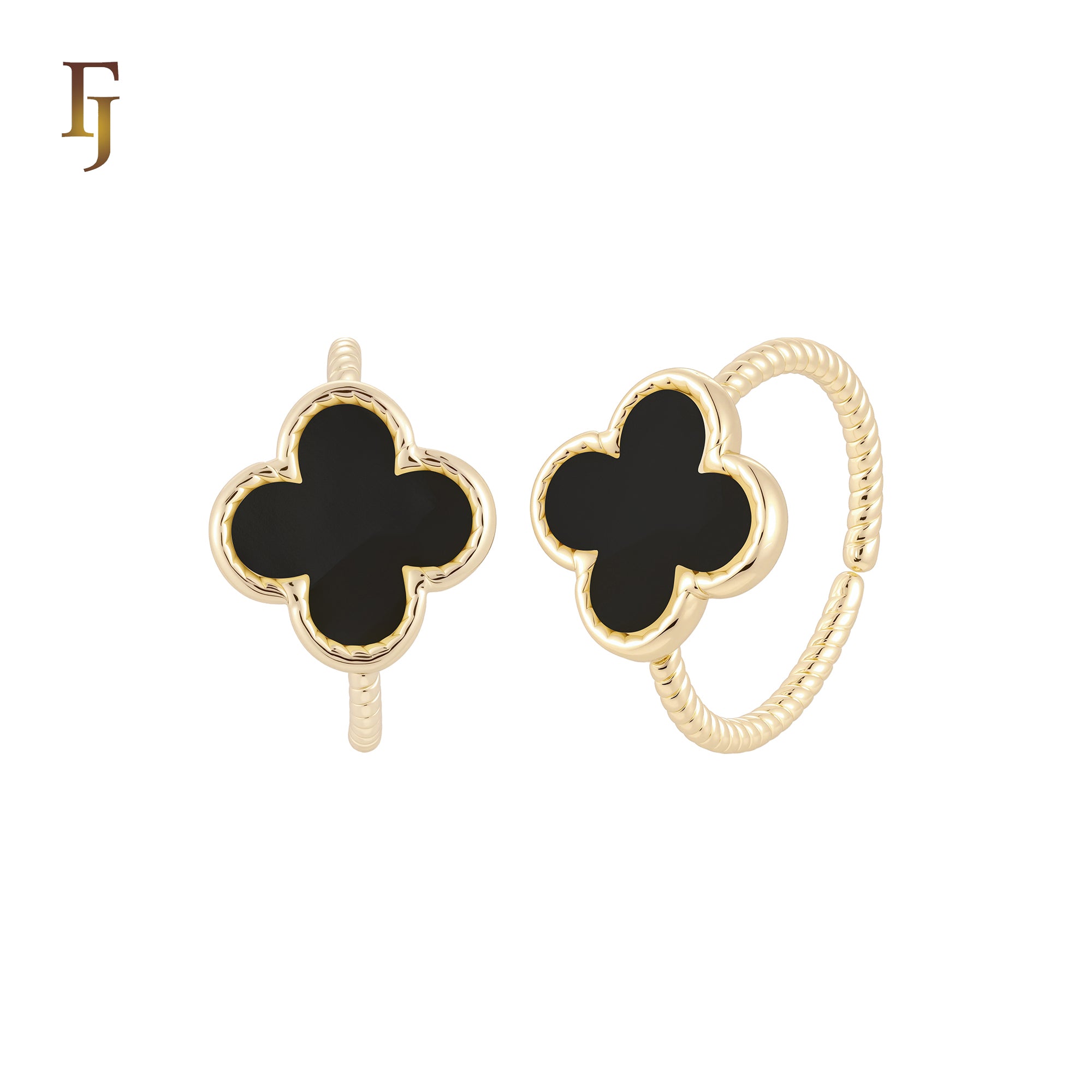 Onyx Black or white Lucy Clover 14K Gold Resizable Open Rings