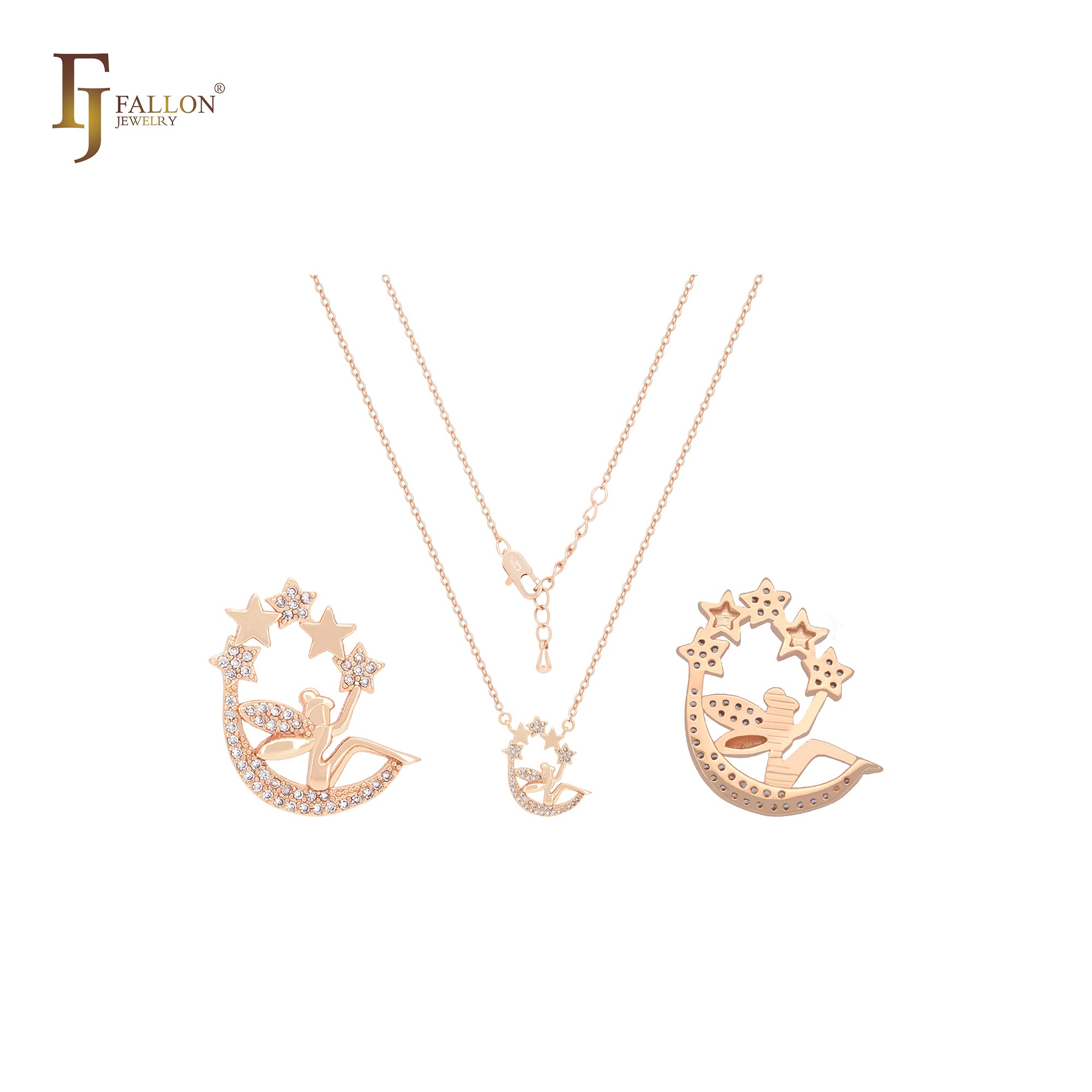 Collar de oro rosa de 14 quilates con forma de hada y estrellas de circonitas blancas