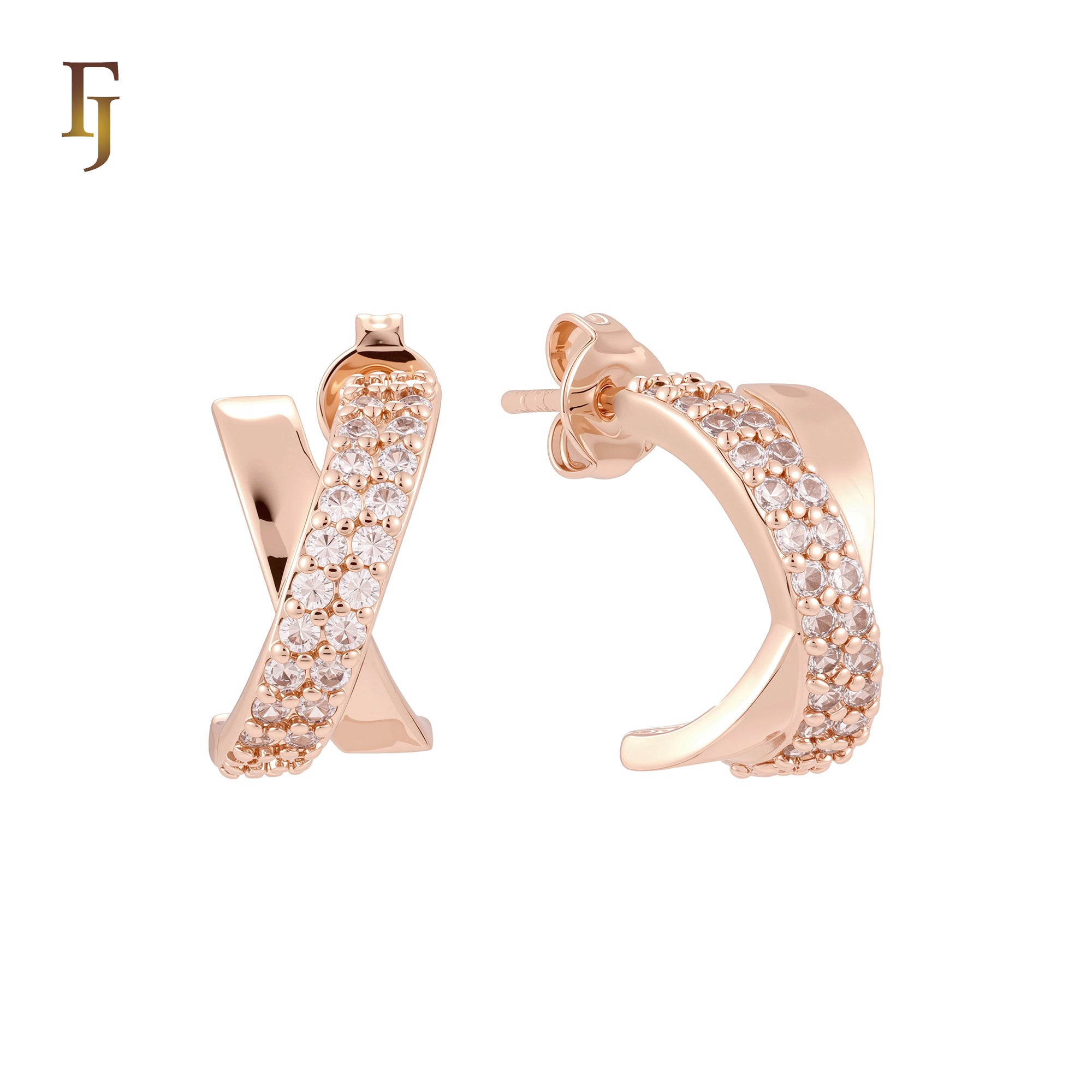 Paved white CZs curved X crossing 14K Gold, Rose Gold Stud Earrings