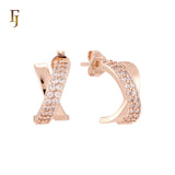Paved white CZs curved X crossing 14K Gold, Rose Gold Stud Earrings