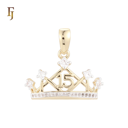 White CZs crown 15 anniversary years 14K Gold two tone Pendant