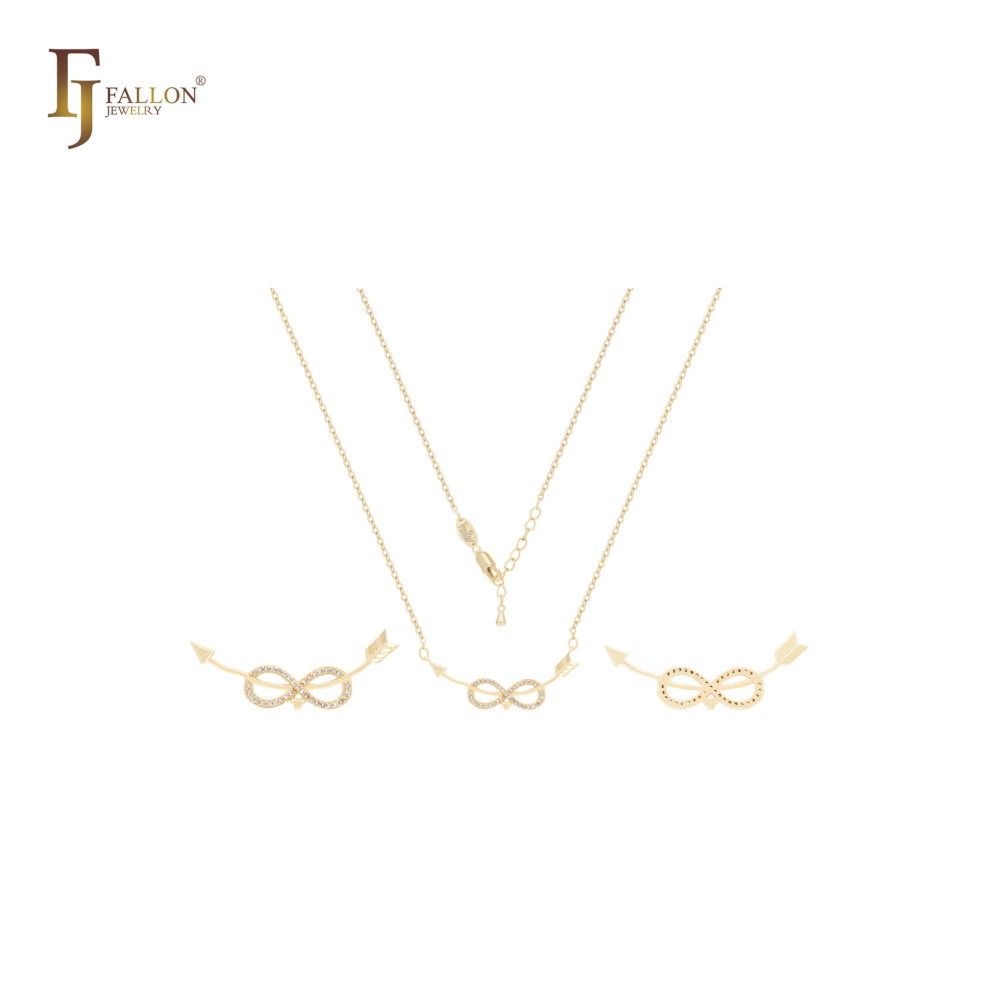 Collar de oro de 14 quilates con infinito de circonitas blancas y flechas cruzadas