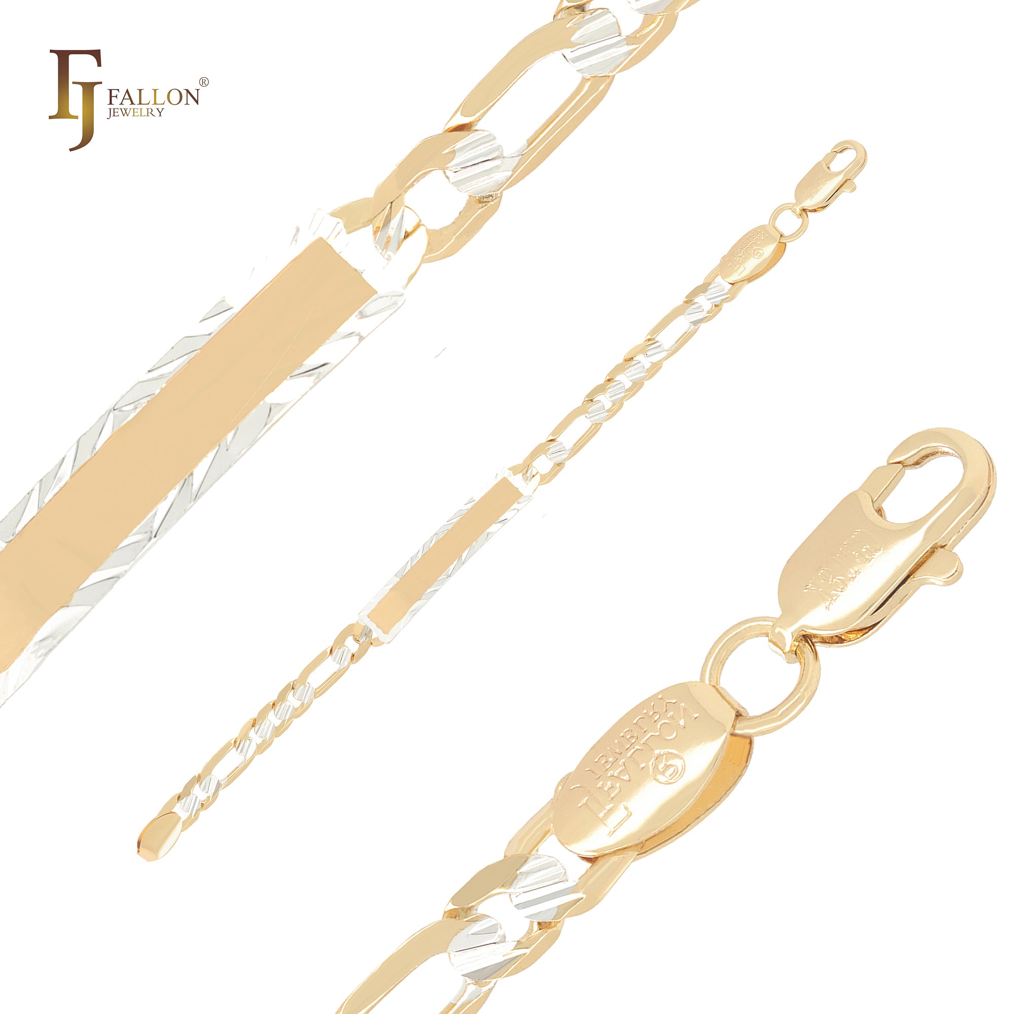 Pulseras de identificación para hombre de oro de 14 quilates en dos tonos con eslabones Figaro martillados