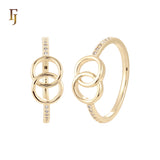 Double Circles Overlapped paved White CZs paved 14K Gold Fashion Rings