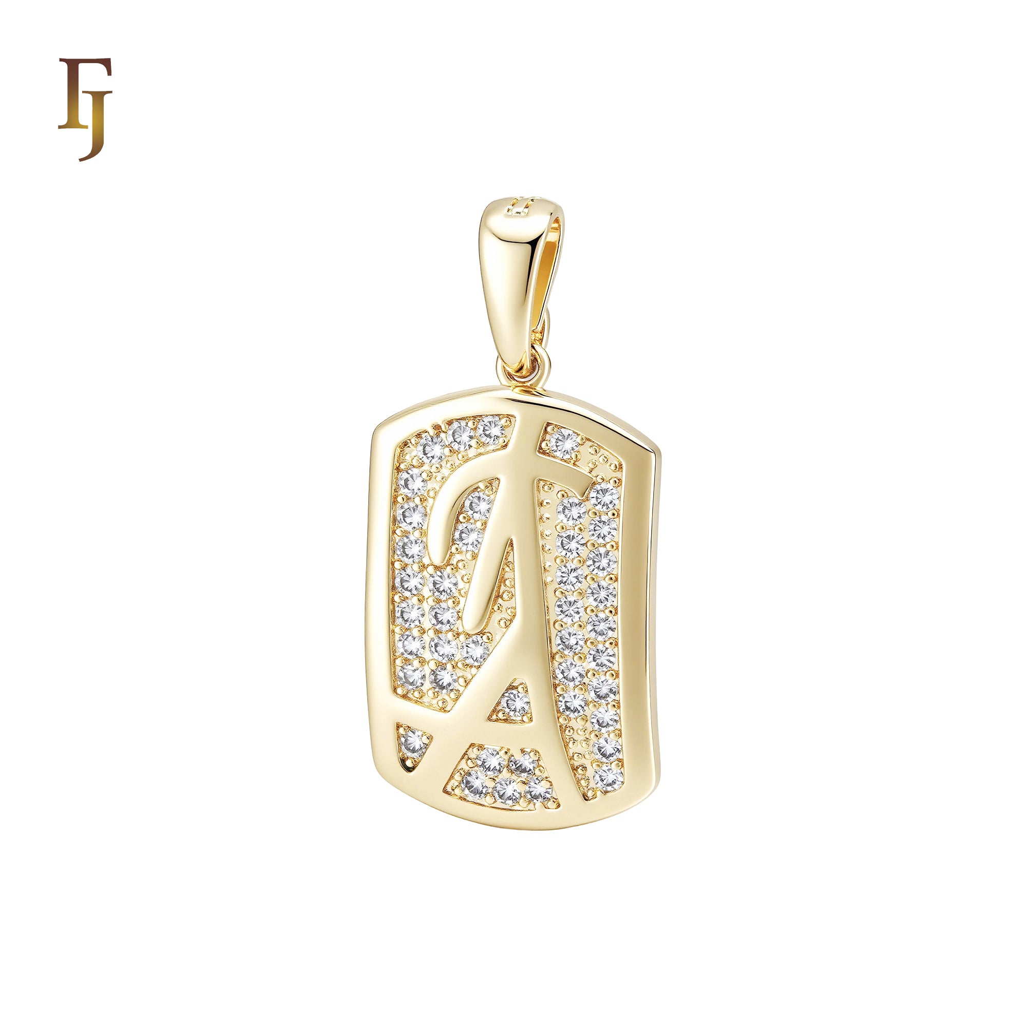 Rectangular tag shaped with Alphabet A white CZs cluster 14K Gold Pendant