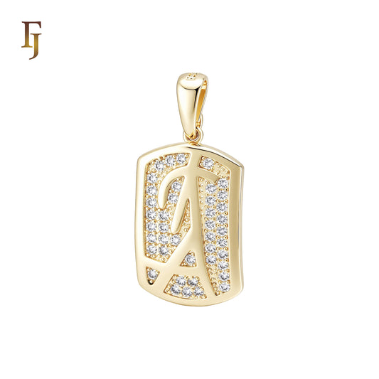 Rectangular tag shaped with Alphabet A white CZs cluster 14K Gold Pendant