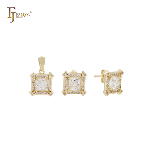 Conjunto de joyas de oro de 14 quilates con halo de circonitas blancas de corte cuadrado y colgante