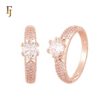 Great Five rows cluster white CZs paved 14K Gold, Rose Gold Wedding Set Rings Engagement and Band