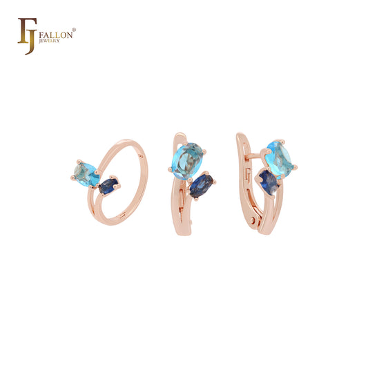 Conjunto de joyas de oro rosa con anillos y ramas azules en flor en racimo mixto