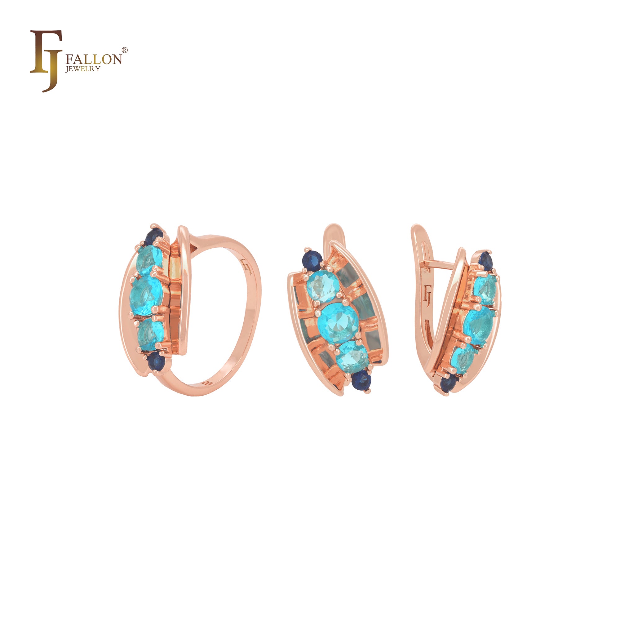 Conjunto de joyería de oro rosa con anillos y concha abierta que incluye cinco circonitas azules mixtas