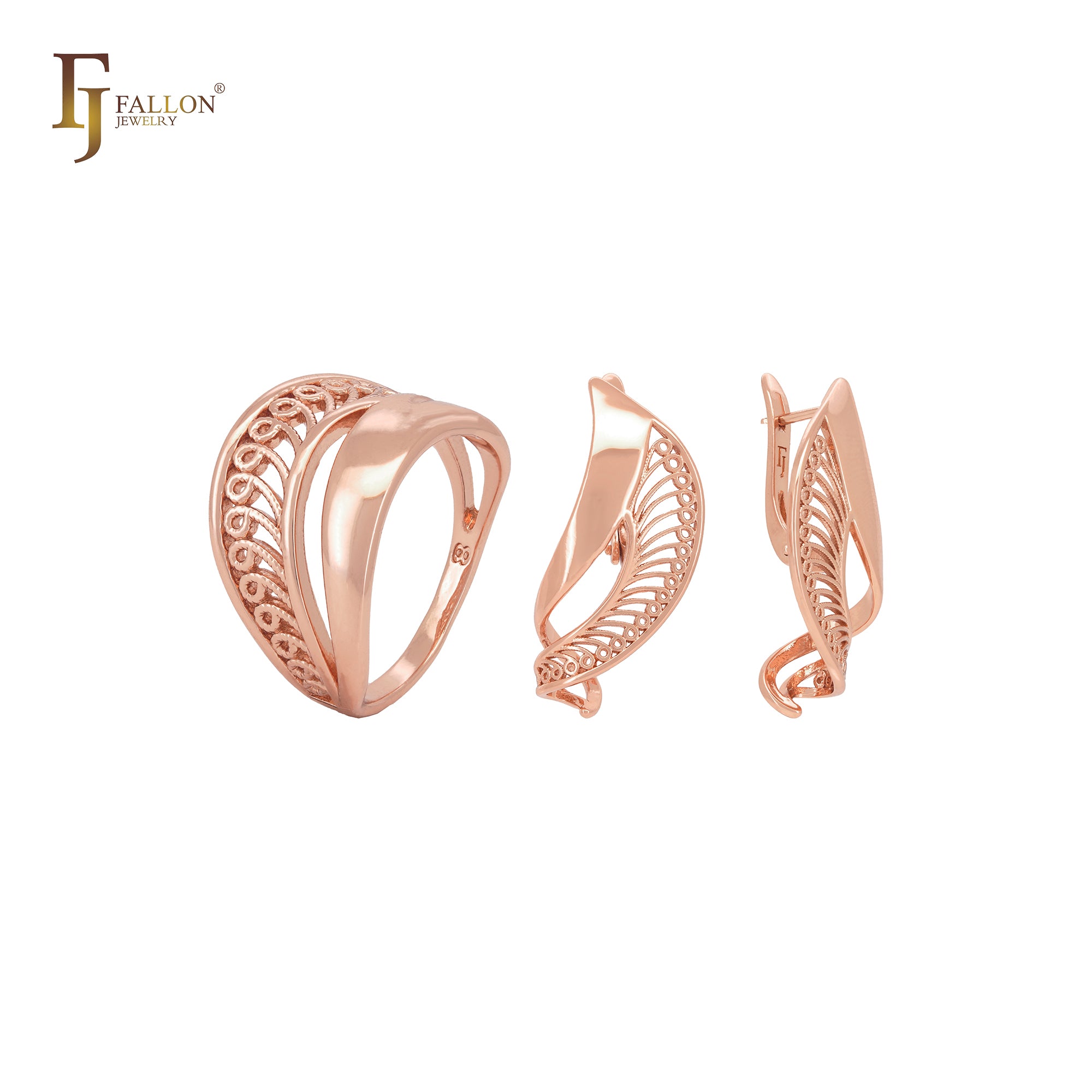 Conjunto de joyería de moda en oro rosa con anillos y cinta retorcida de filigrana voladora