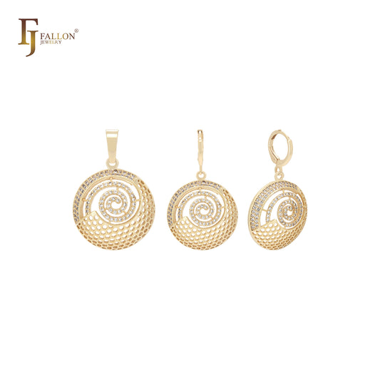 Globo circular de tamiz con circonitas blancas giratorias Conjunto de joyería de oro de 14 quilates con colgante