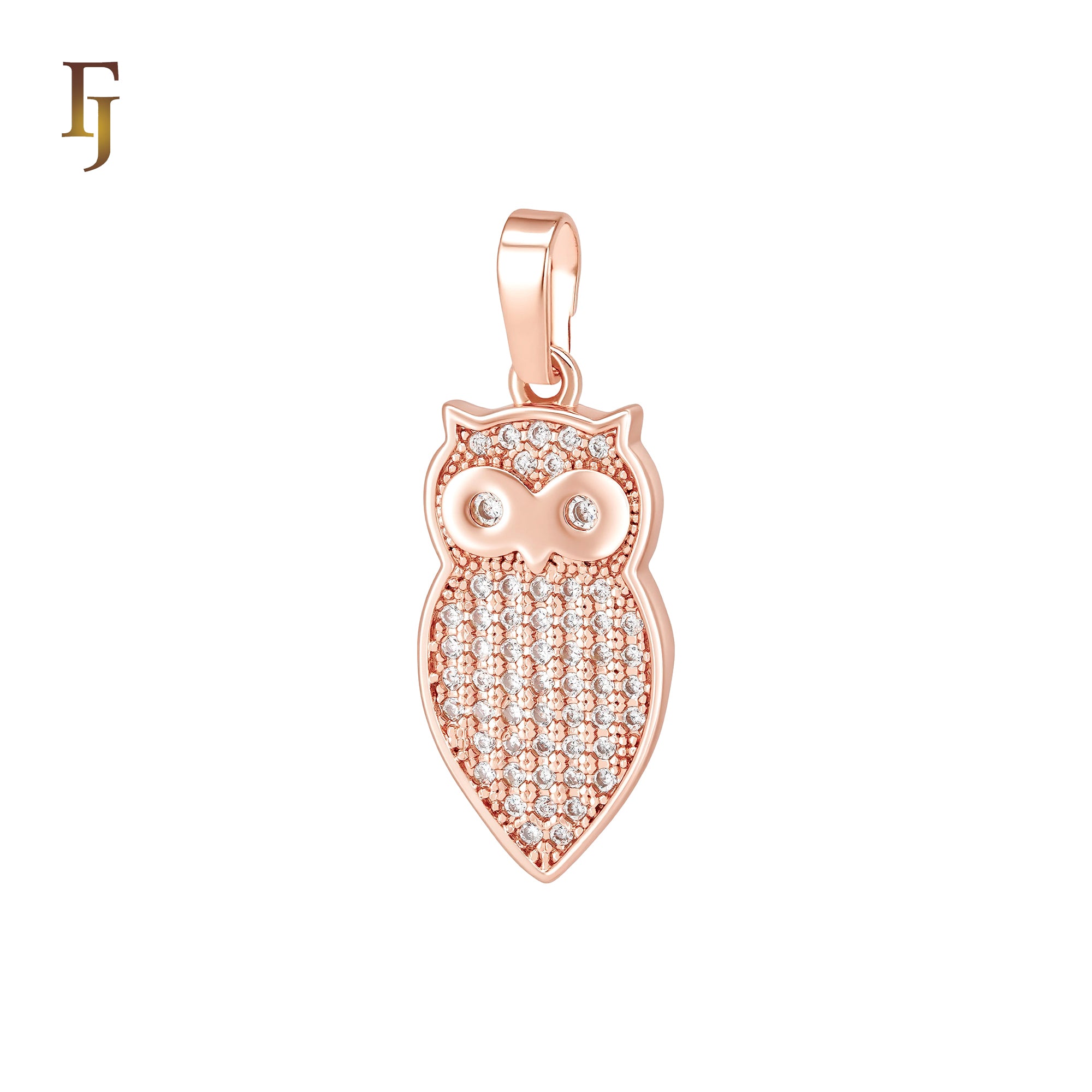 Owl Eagle of white CZs Paved 14K Gold, Rose Gold Animal Pendant