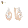 Swan's feather of white CZs Rose Gold two tone Russian Lock Earrings