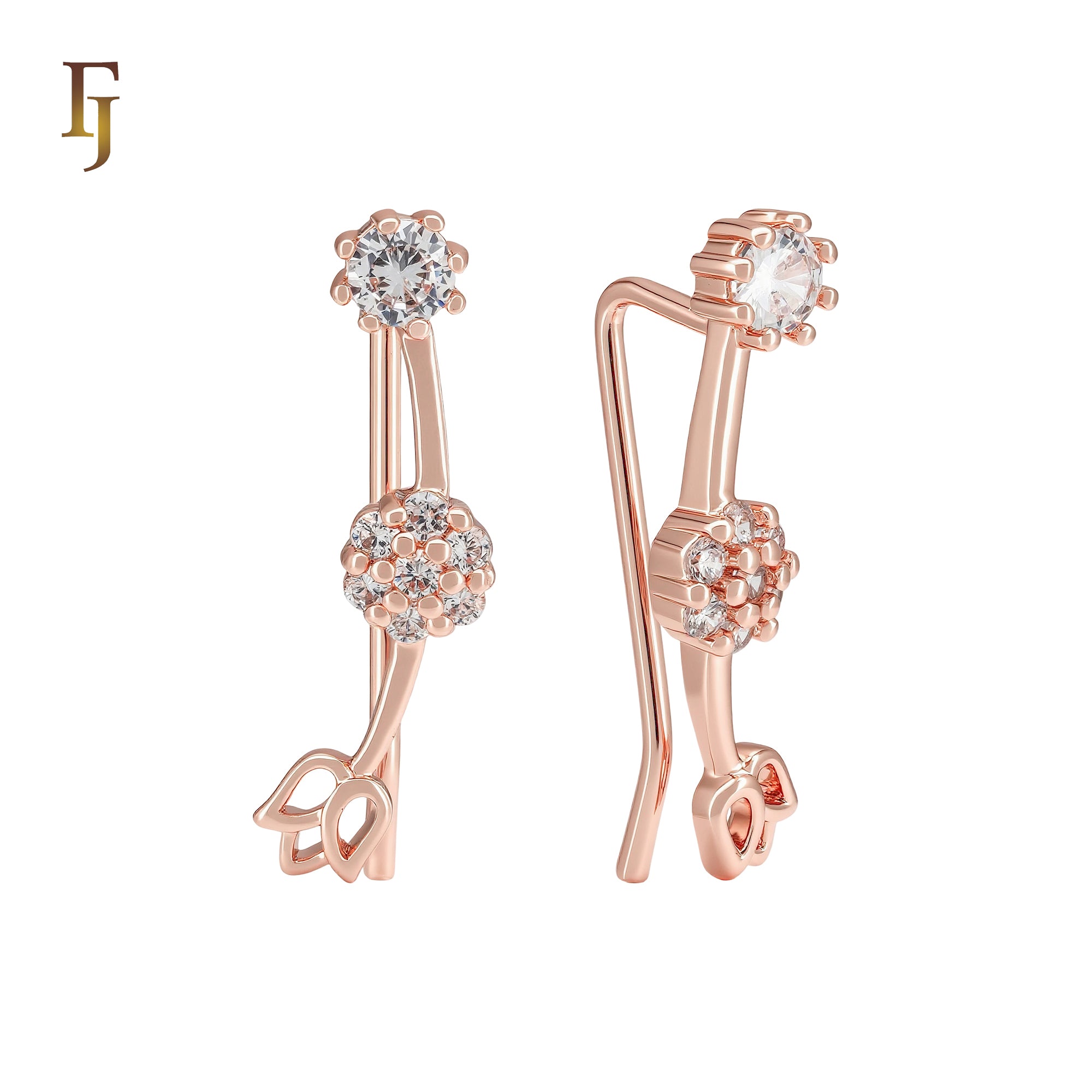 White CZs Solitaire Rose Flower Rose Gold Crawler Ear Climber  Earrings