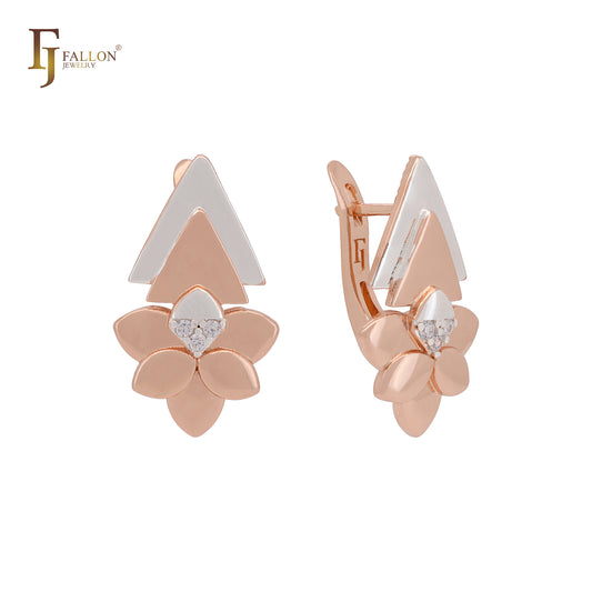 Pendientes de clip bicolor en oro rosa con circonitas blancas y doble triángulo en forma de flor de trébol.