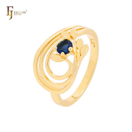 Anillos de moda de oro rosa con circonitas blancas y tres filas de ramas y hojas
