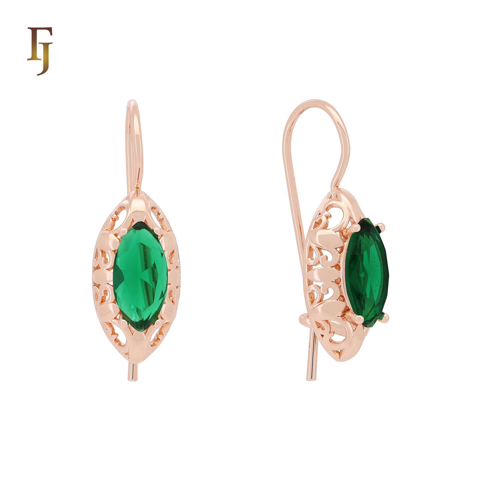 Elegant Filigree Marquise Wire Hook Earrings – 11.2×22mm Rose Gold with Red, Green, or Blue Stones by FJ Fallon Jewelry