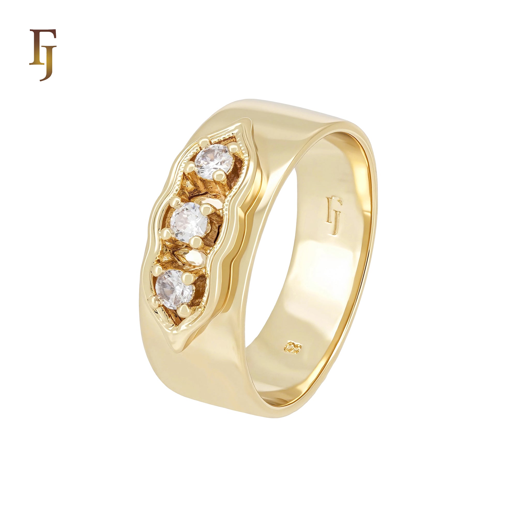 Triple white CZs wide 14K Gold Men's Rings