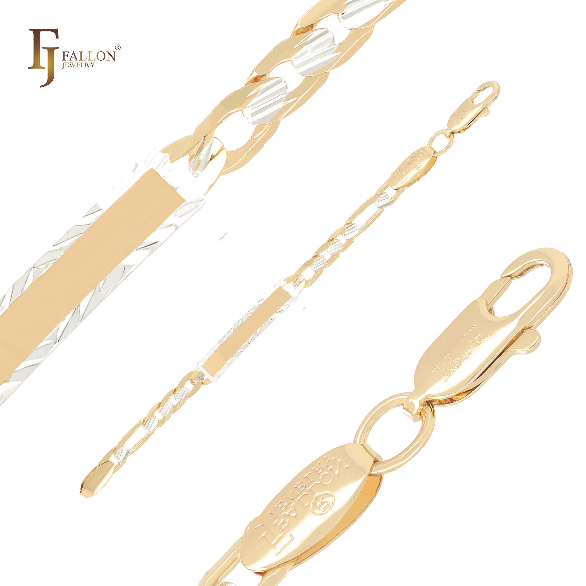 Pulseras de identificación para hombre de oro de 14 quilates en dos tonos con eslabones Figaro martillados